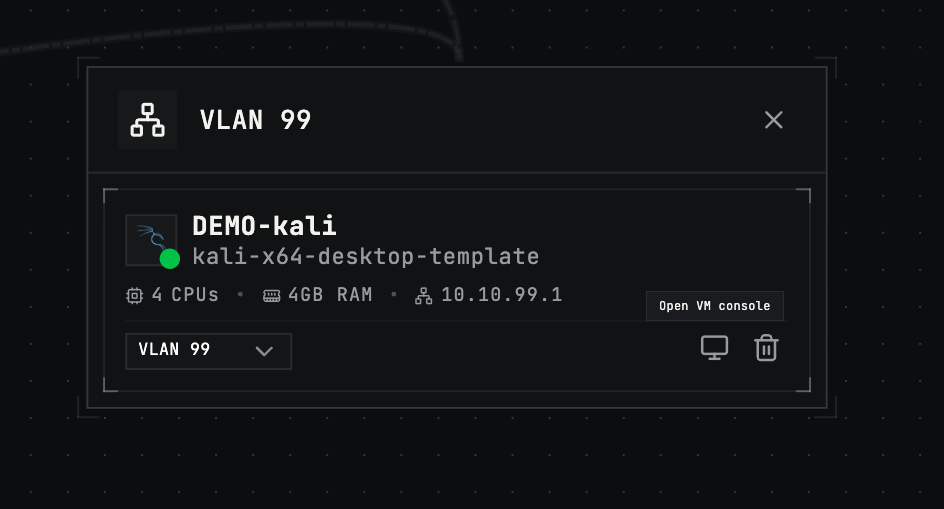 A screenshot showing the Open VM console button on a VM card in the Editor